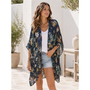 Marcus Adler Floral Kimono Shawl Midi Cardigan Navy Blue Yellow Multicolor OS
